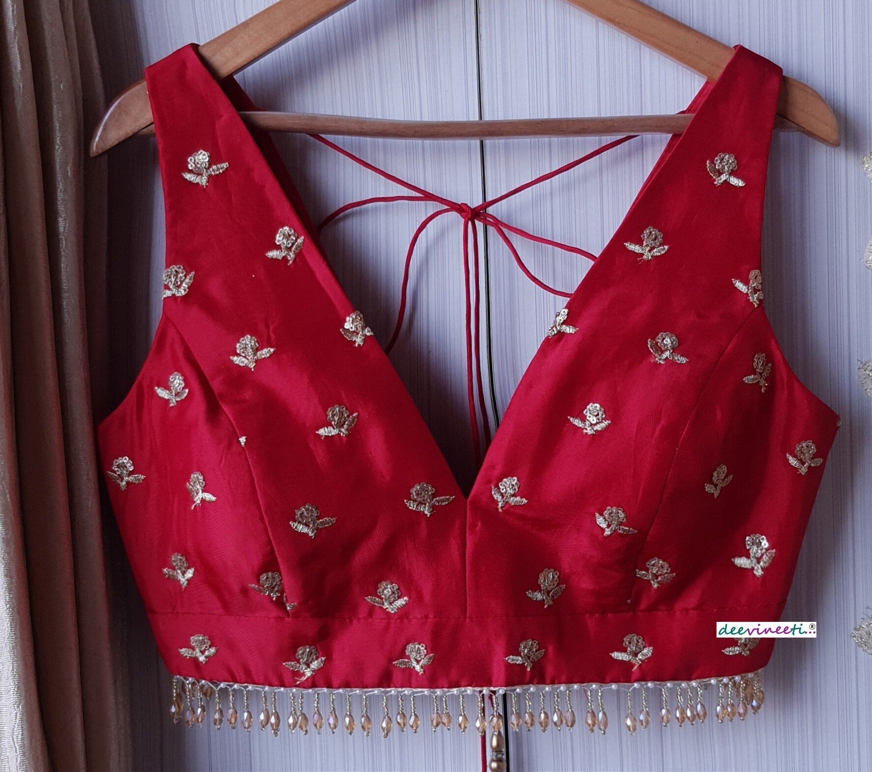 Red Embroidered Upada Silk Deep V Neck Blouse DVBL_170