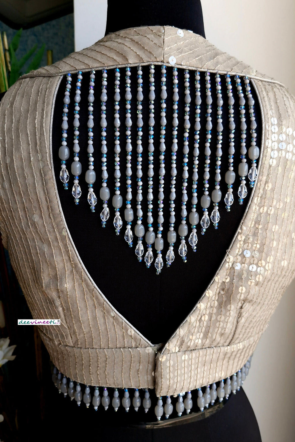 Grey Sequins Embroidered V Neck Blouse DVBL_340