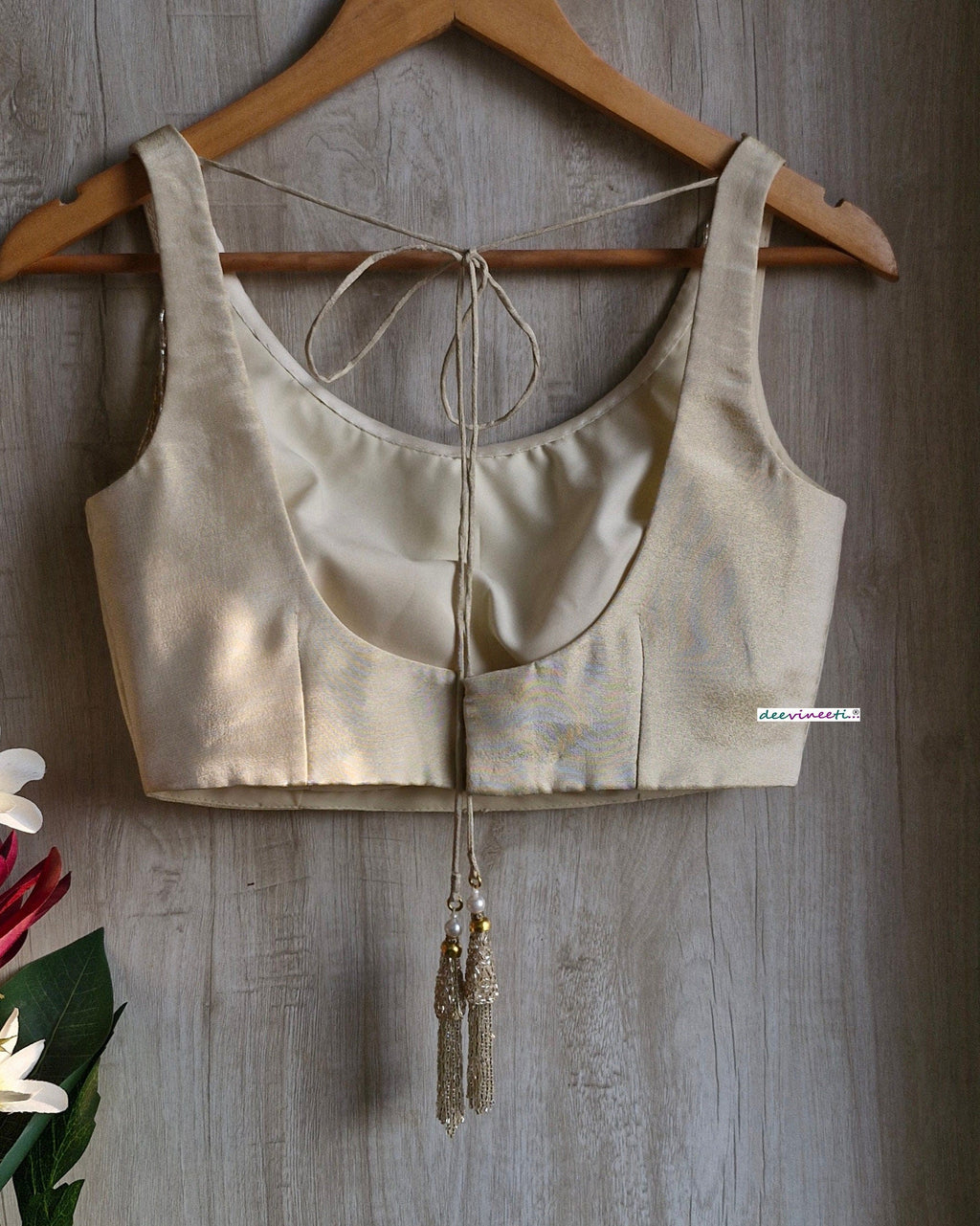 Light Gold Tissue Silk Round Neck Blouse with Fringes DVBL_353