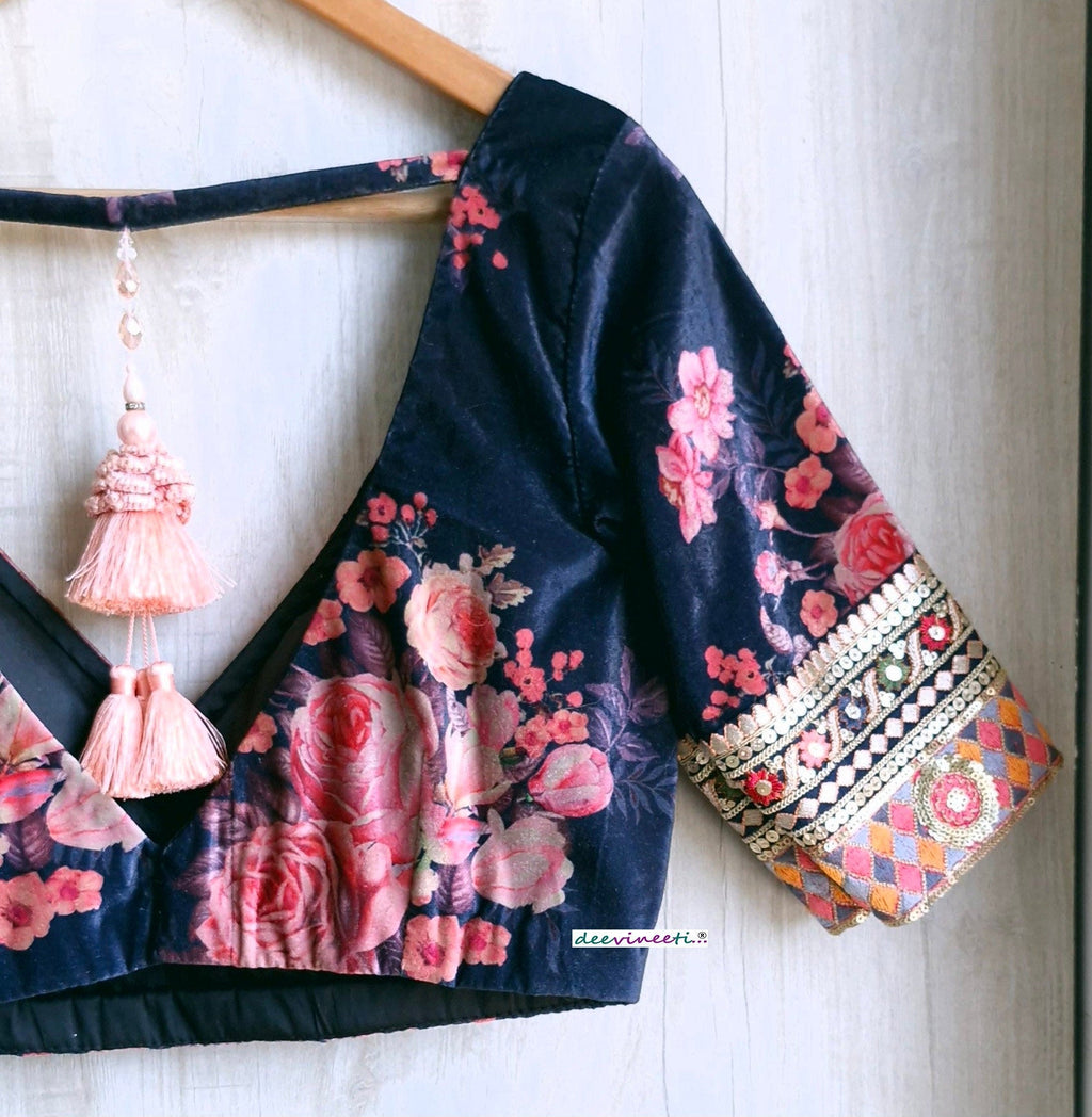 Deep Blue Floral Print Velvet V Neck Blouse DVBL_348