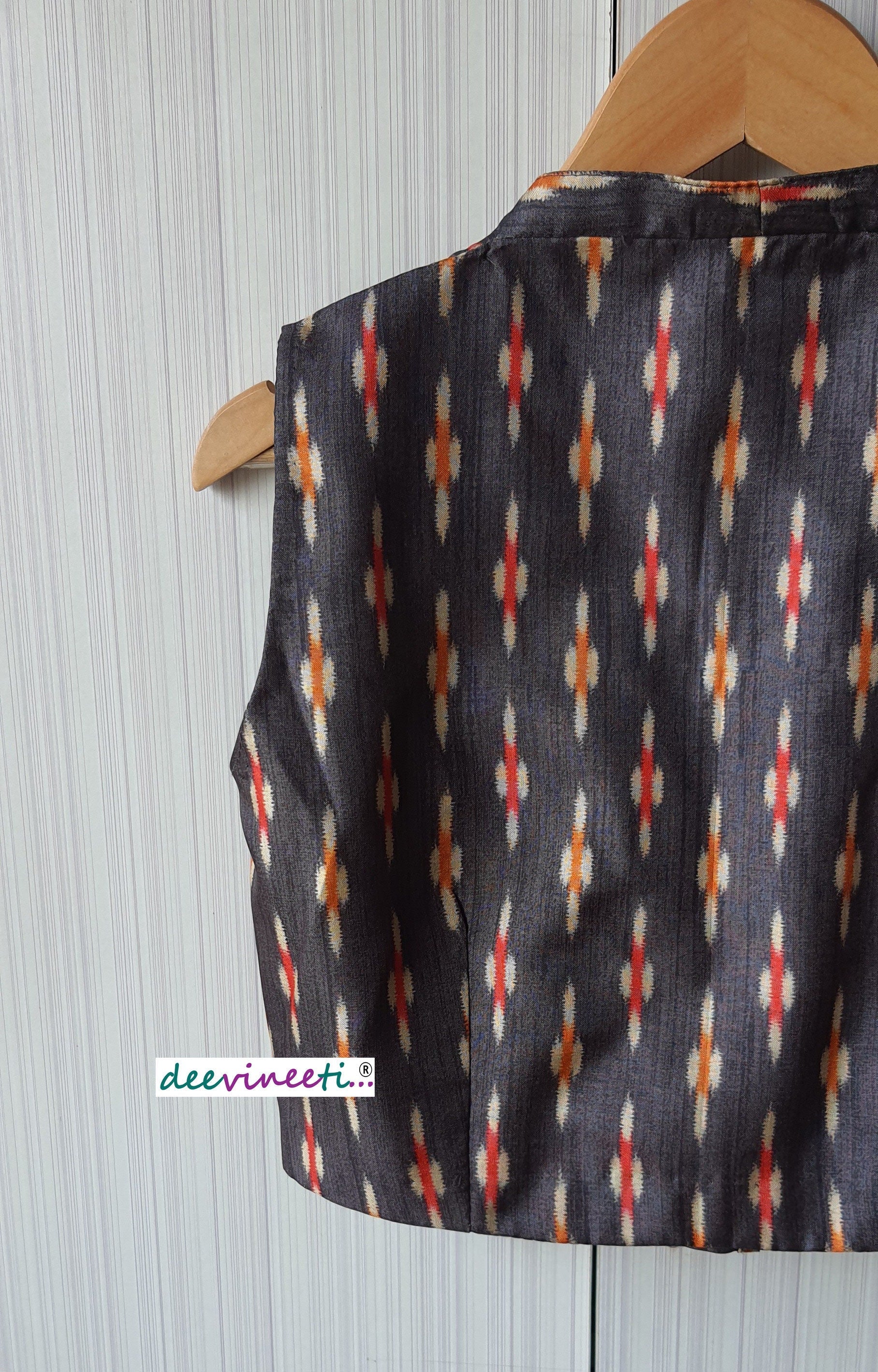 Grey Ikat Print Khadi Silk Plunge Neck Blouse DVBL_072