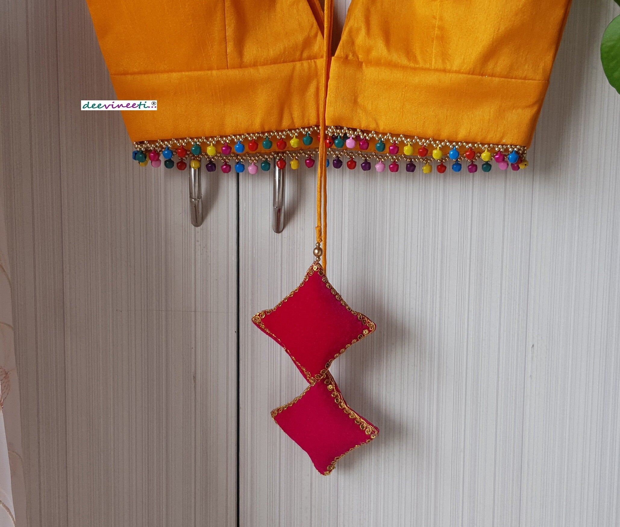 Amber Yellow Raw Silk Plunge Neckline Blouse with Multicolor Fringes DVBL_261