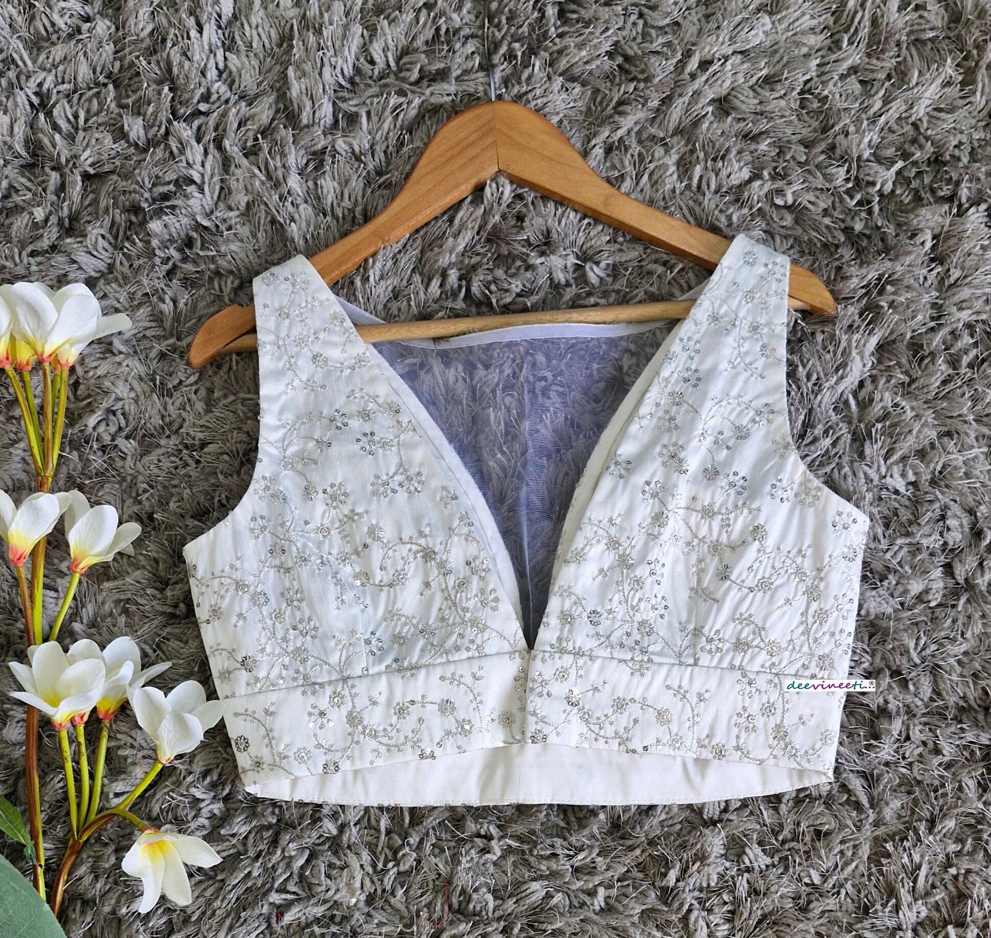 White Embroidered Silk Boat Neck Blouse DVBL_344