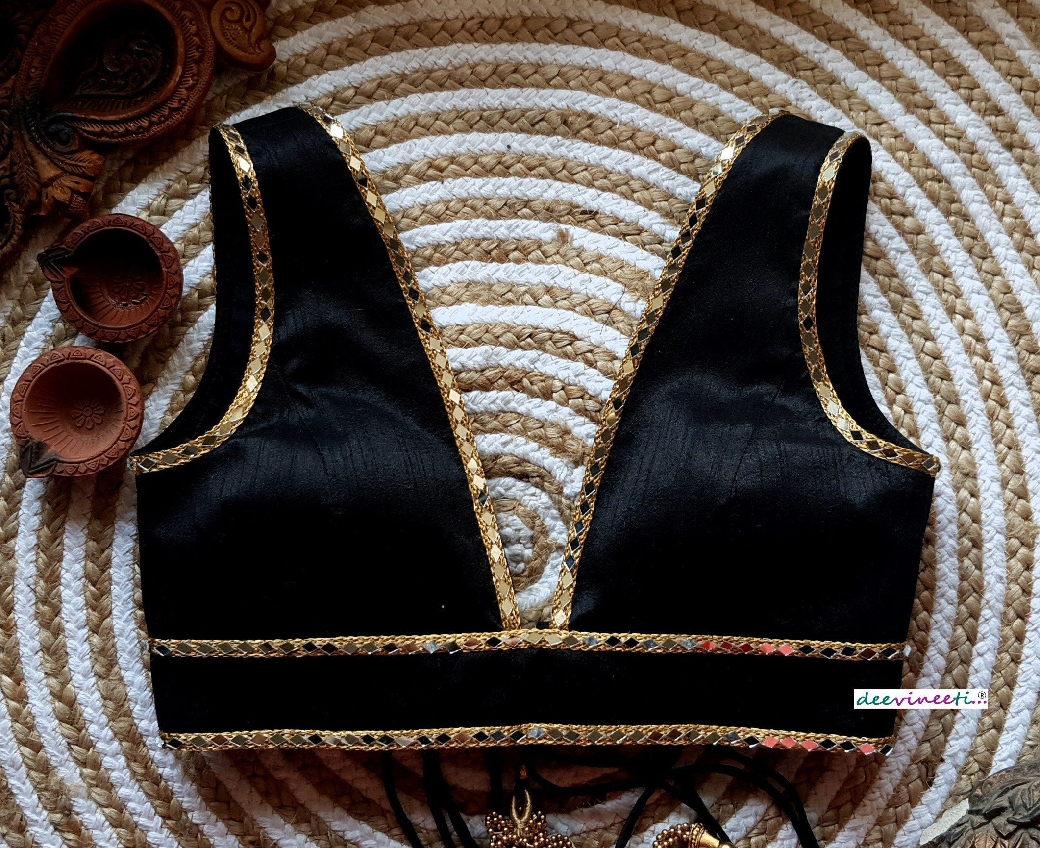 Raw Silk Plunge Neck Embellished Blouse DVBL_099