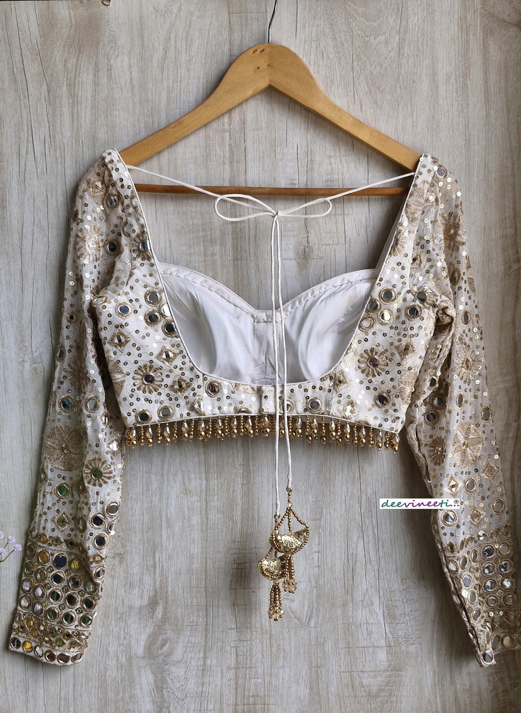 Ivory and Gold Embroidered Sweetheart Neck Long Sleeves Blouse DVBL_373