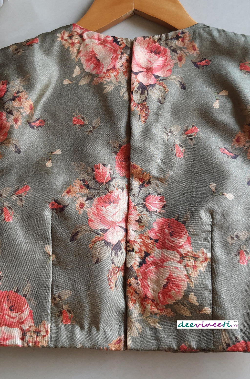 Floral Print Green Khadi Silk Jewel Neck Blouse DVBL_067