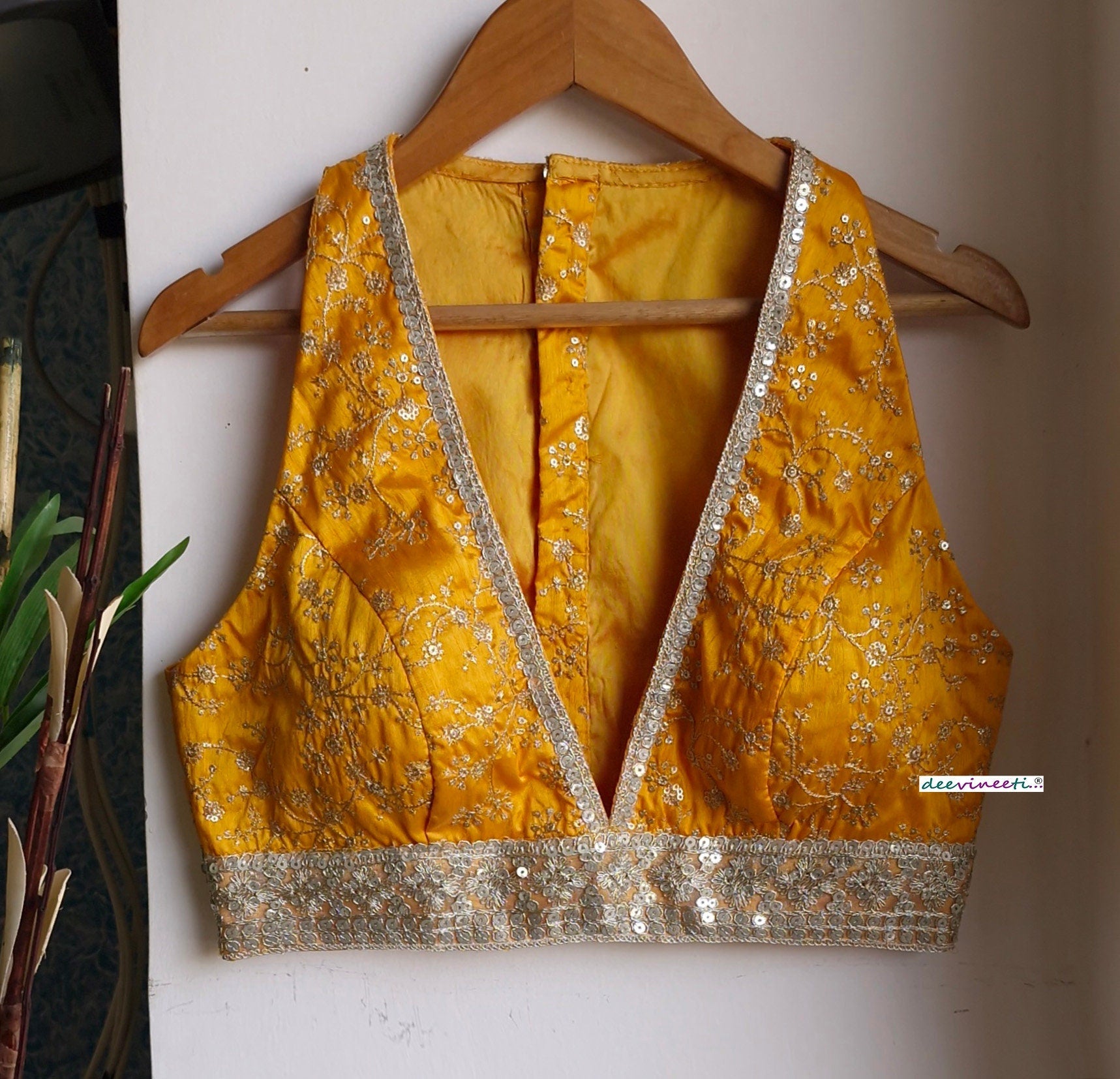 Embroidered Amber Yellow and Gold Plunge Neckline Blouse DVBL_358