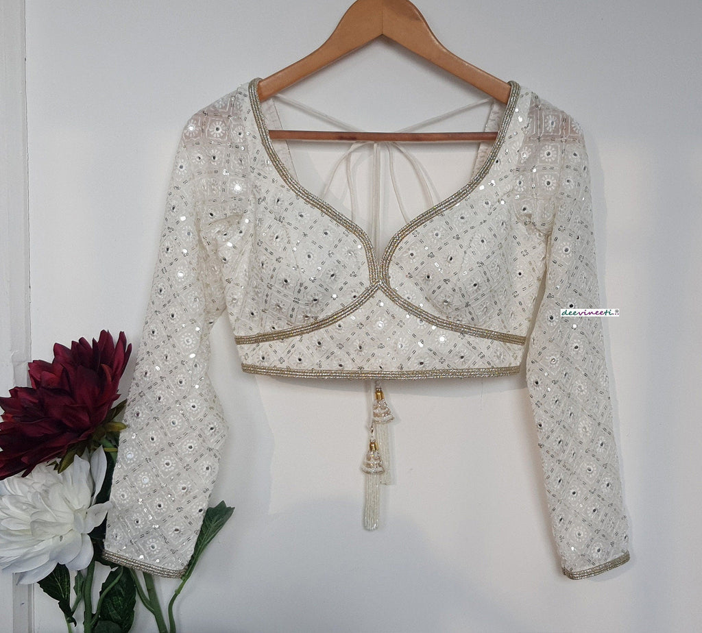 Off-White Chikankari Sweetheart Neck Long Sleeves Blouse DVBL_307