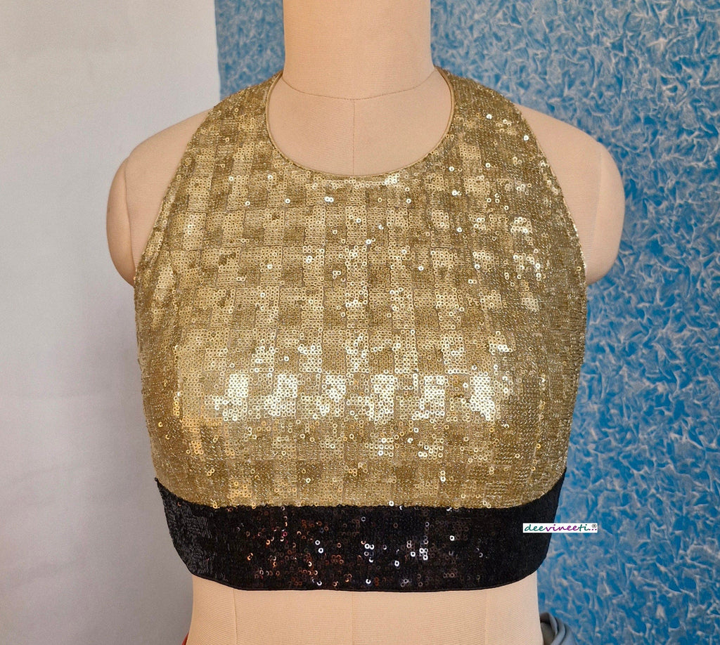 Gold and Black Sequins Halter Neck Backless Blouse DVBL_337