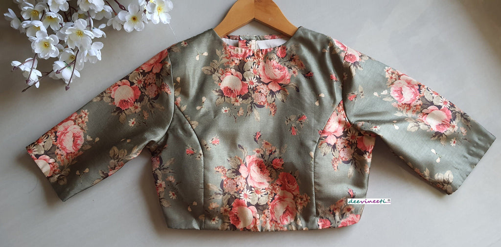 Floral Print Green Khadi Silk Jewel Neck Blouse DVBL_067
