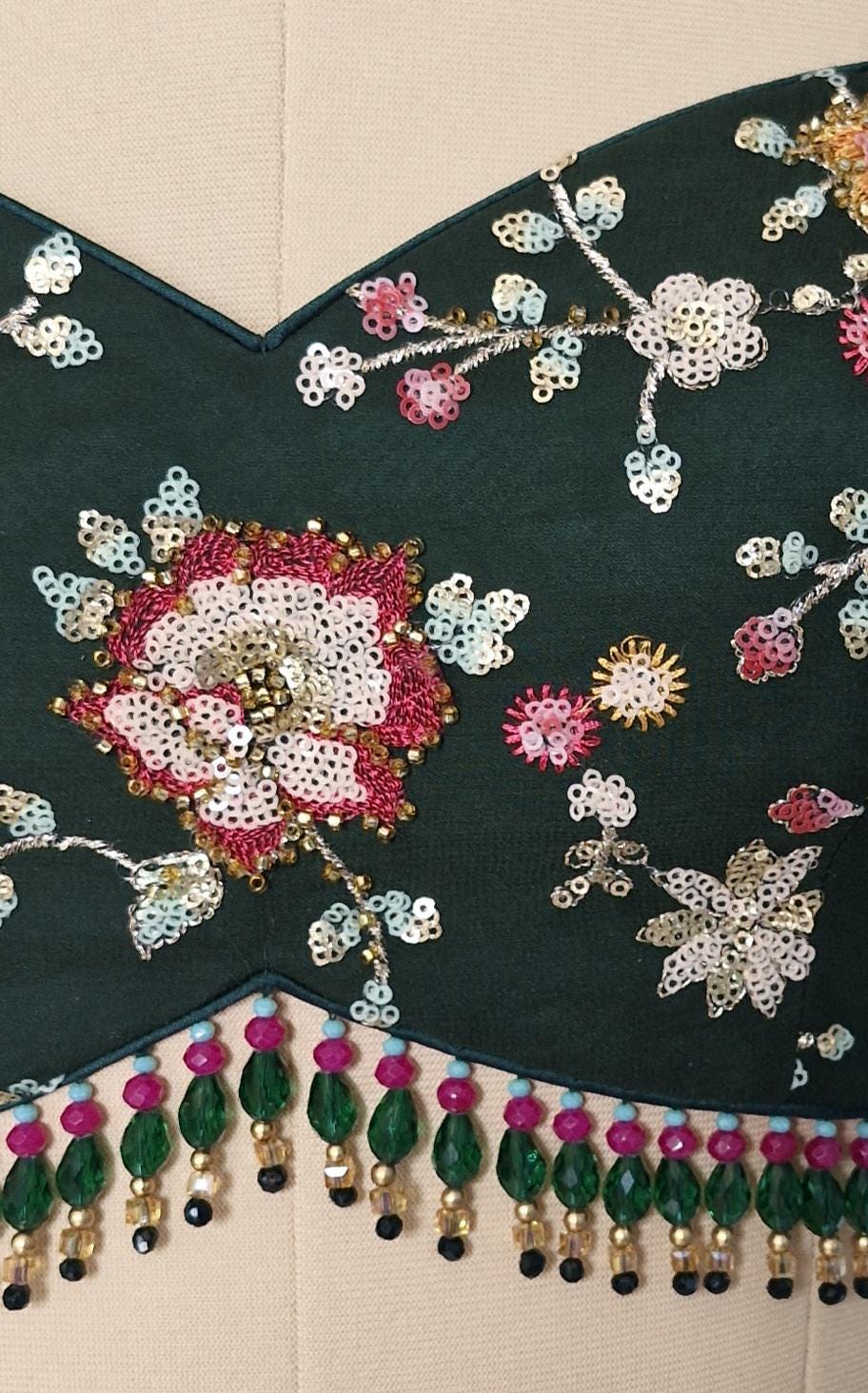 Bottle Green Embroidered Sweetheart Neck Blouse DVBL_441