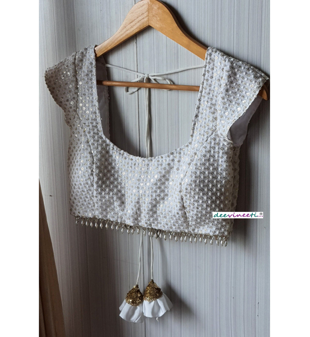 Thread Sequins Embroidered White Cap Sleeves Blouse DVBL_064