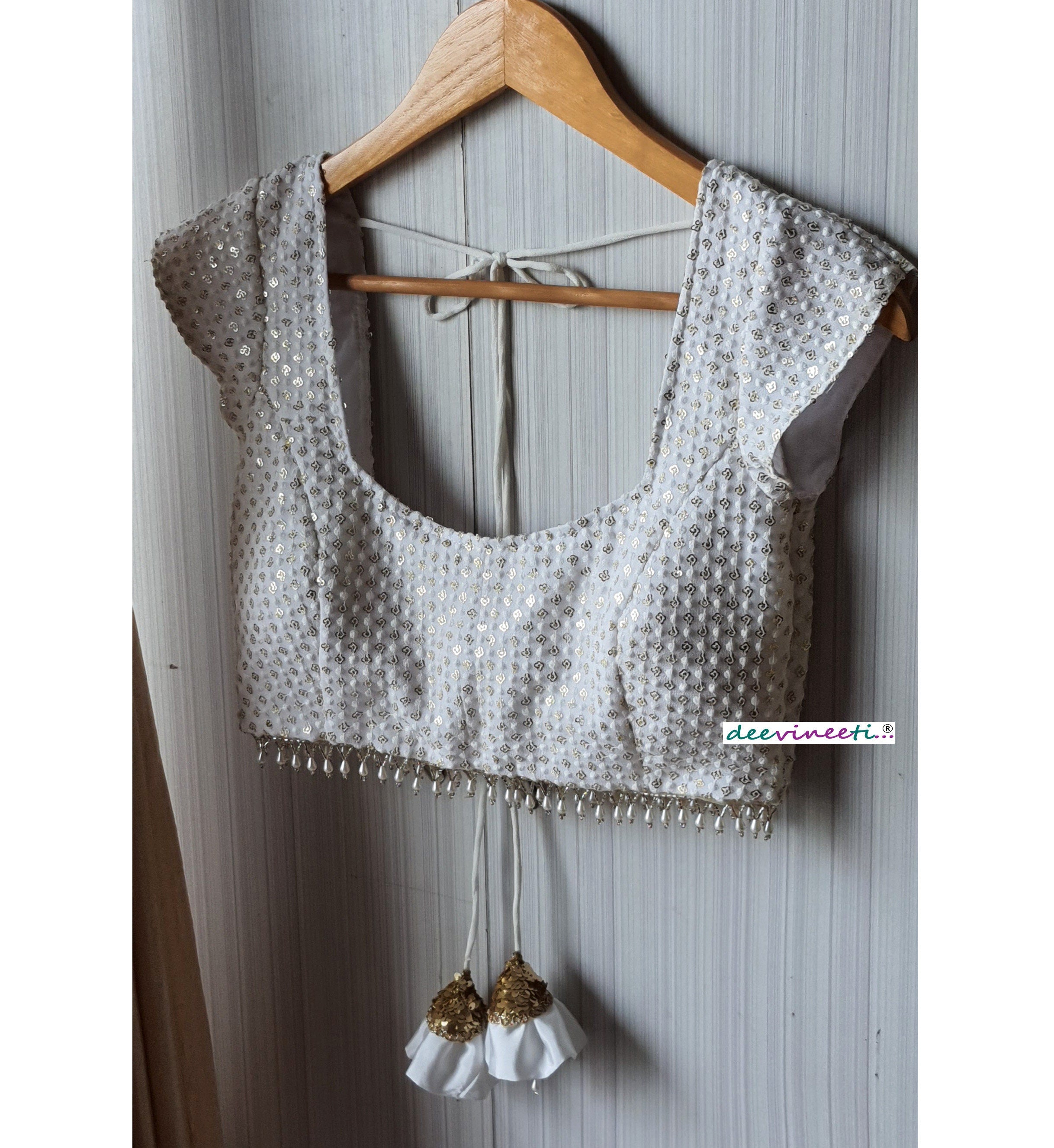 Thread Sequins Embroidered White Cap Sleeves Blouse DVBL_064