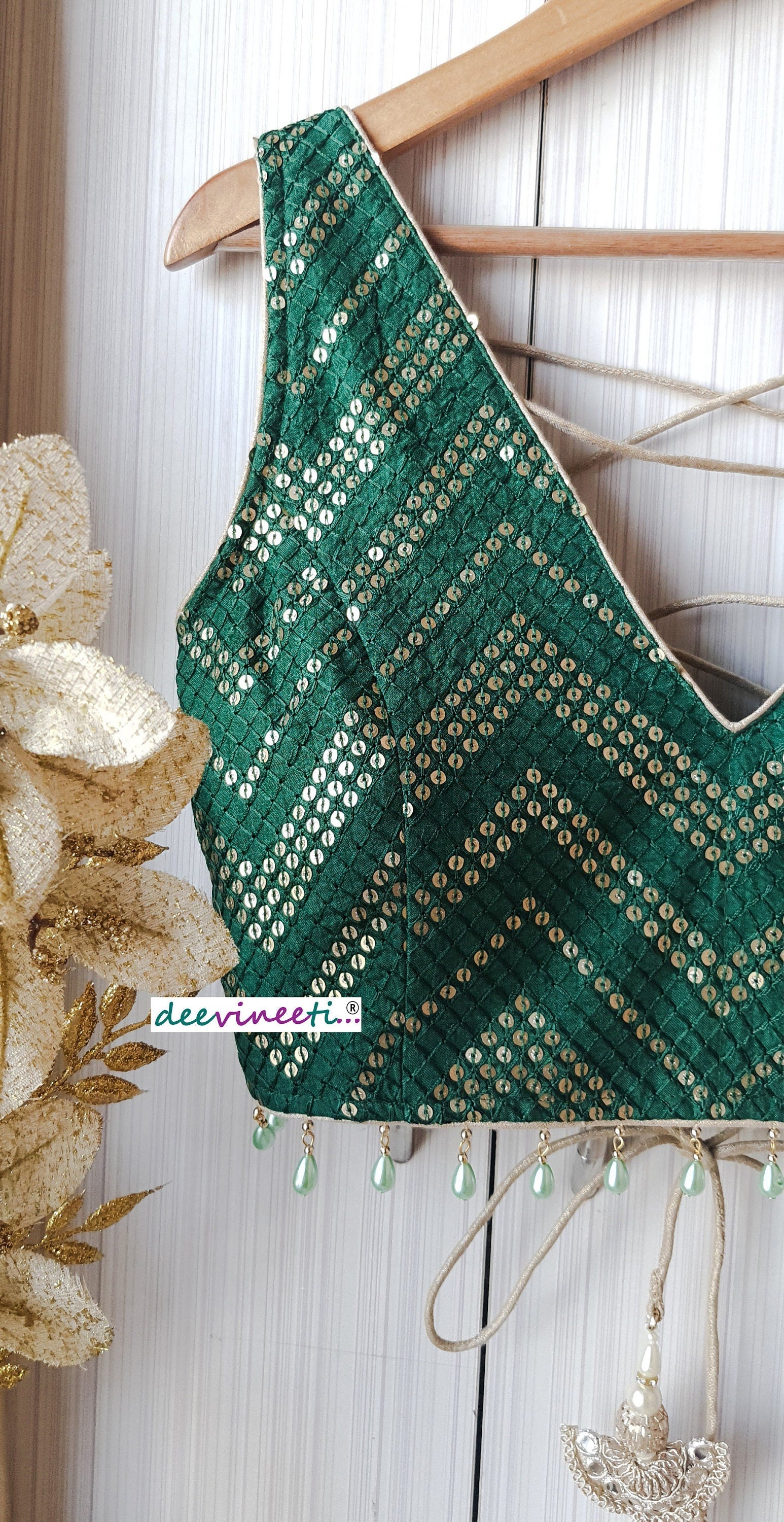 Green Sequins Chevron Embroidered Silk Blouse DVBL_152