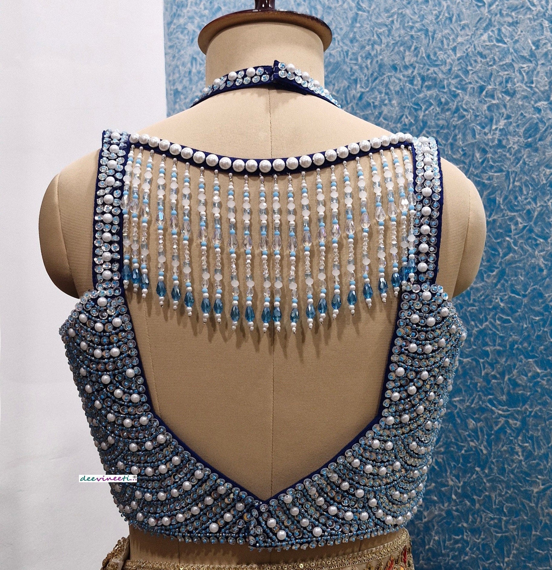Beads and Sequins Hand Embroidered Blue Bustier Blouse DVBL_354