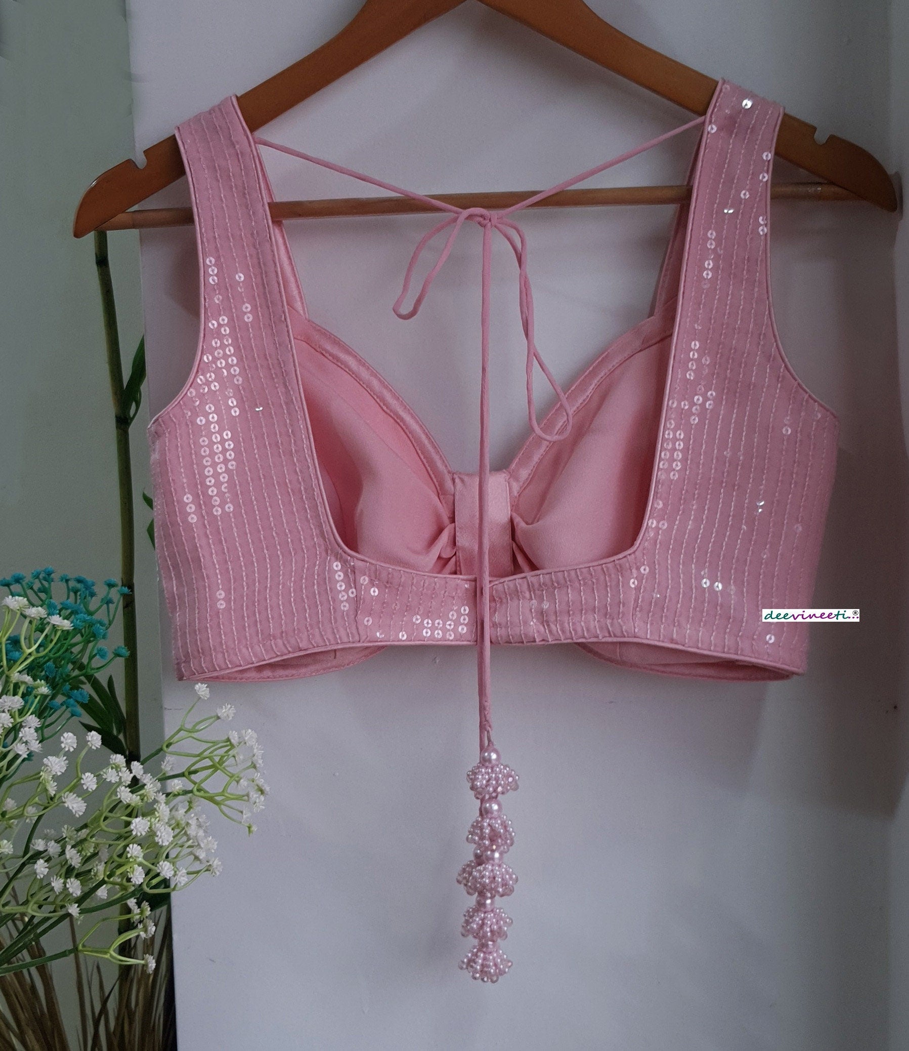 Sequins Embroidered Pink Sweetheart Neck Blouse DVBL_288