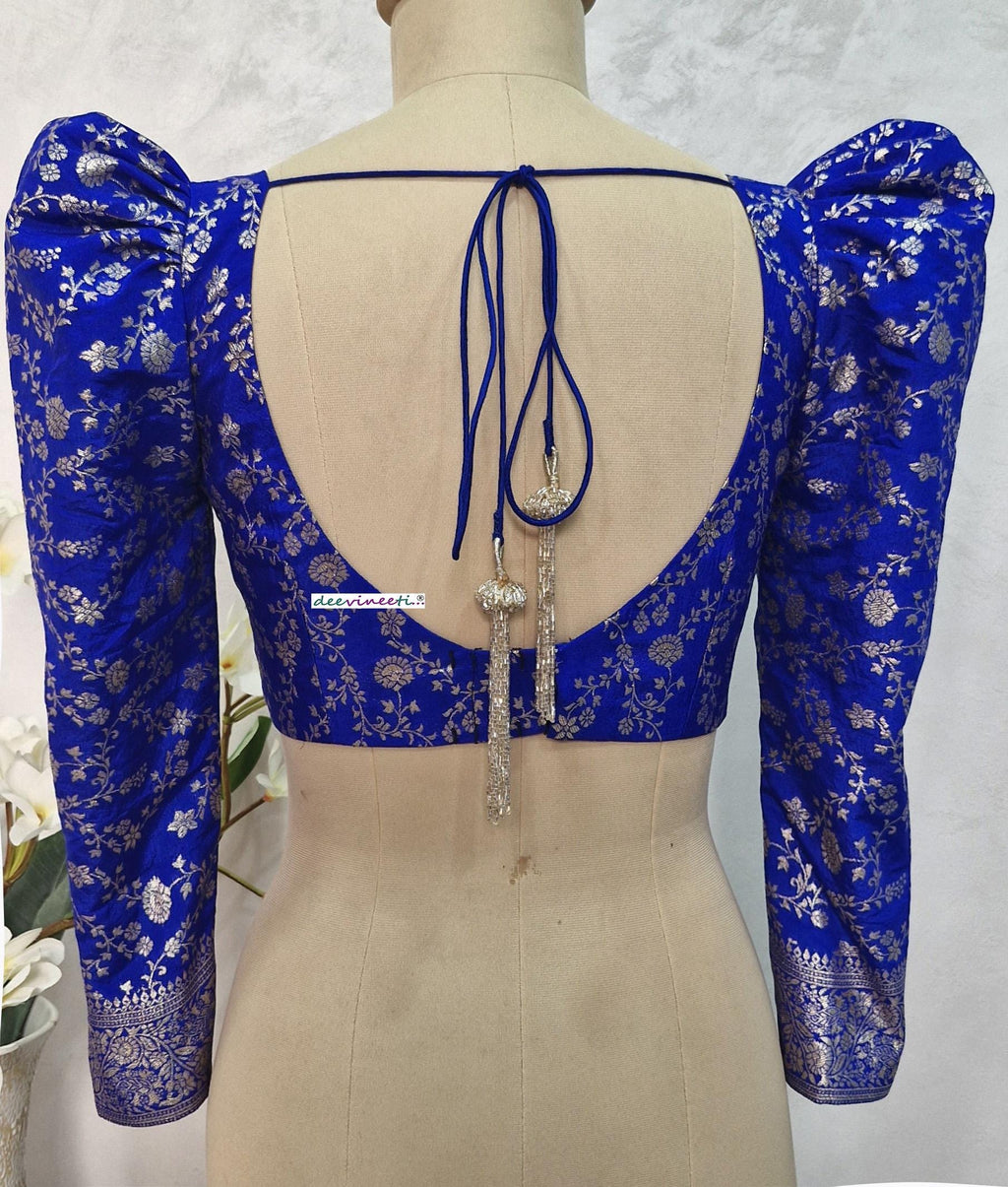 Royal Blue Banarasi Brocade Blouse Full Length Puff Sleeves V Neck DVBL_397