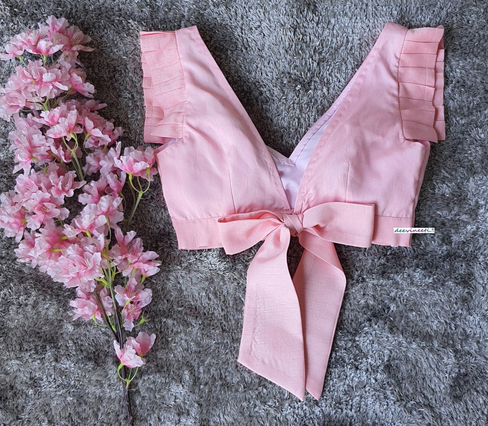 Pink Tussar Silk V Neck Pleated Sleeves Blouse DVBL_220