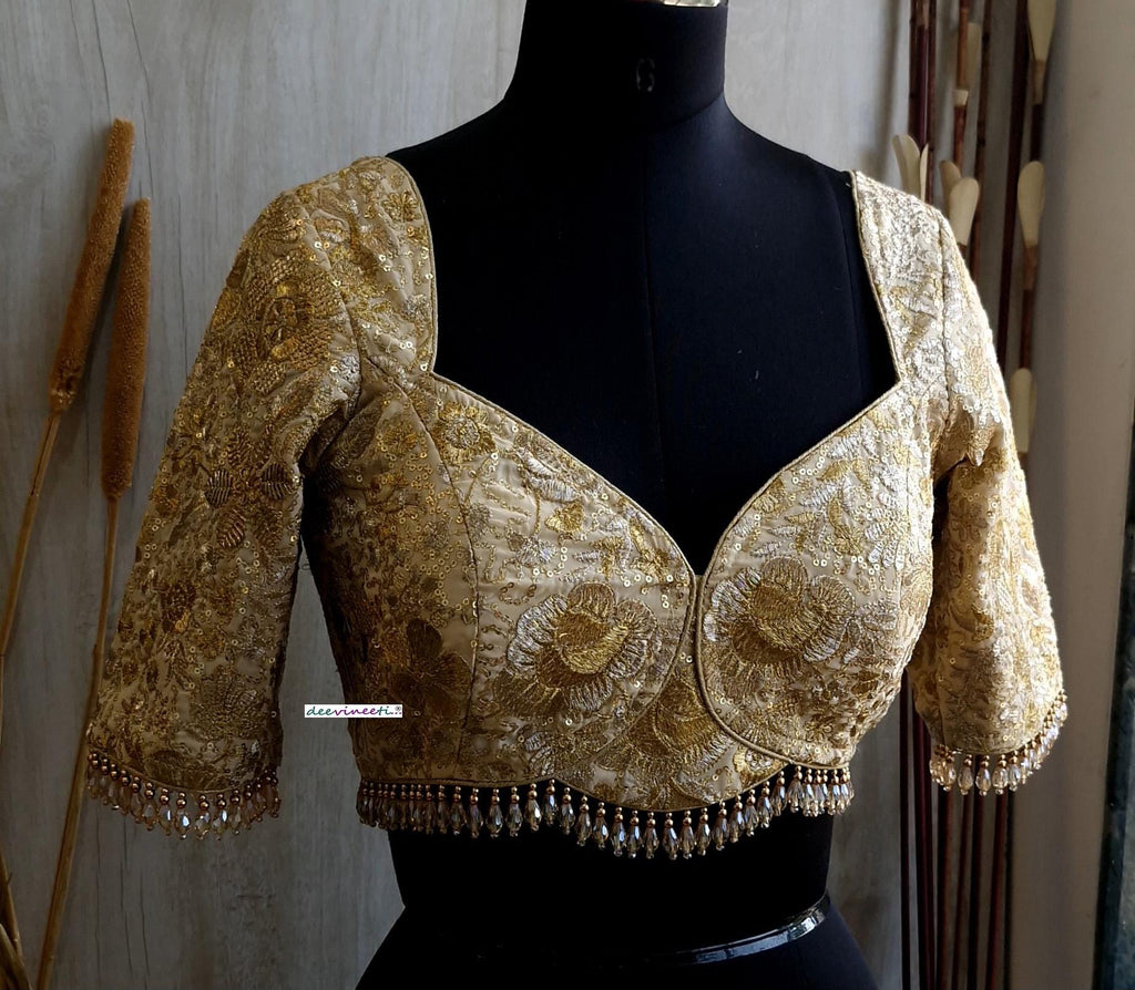 Beige Gold Embroidered Deep Sweetheart Neck Blouse DVBL_380
