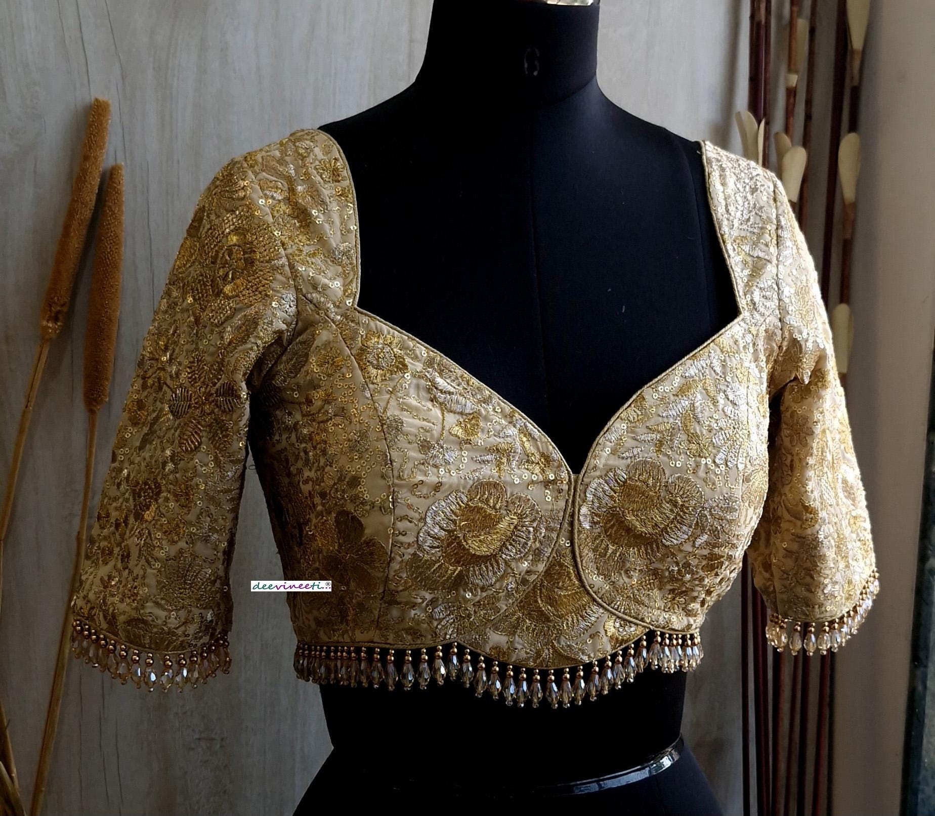 Beige Gold Embroidered Deep Sweetheart Neck Blouse DVBL_380