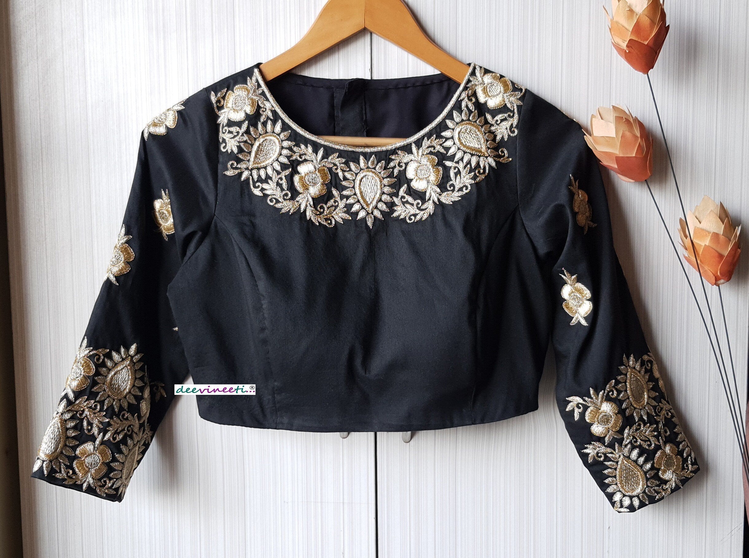 Black Silk Hand Embroidered 3/4th Sleeves Blouse DVBL_236