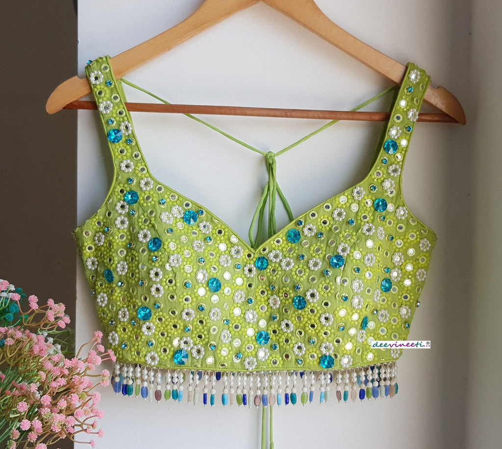 Hand Embroidered Lime Green Deep Sweetheart Neck Blouse DVBL_287