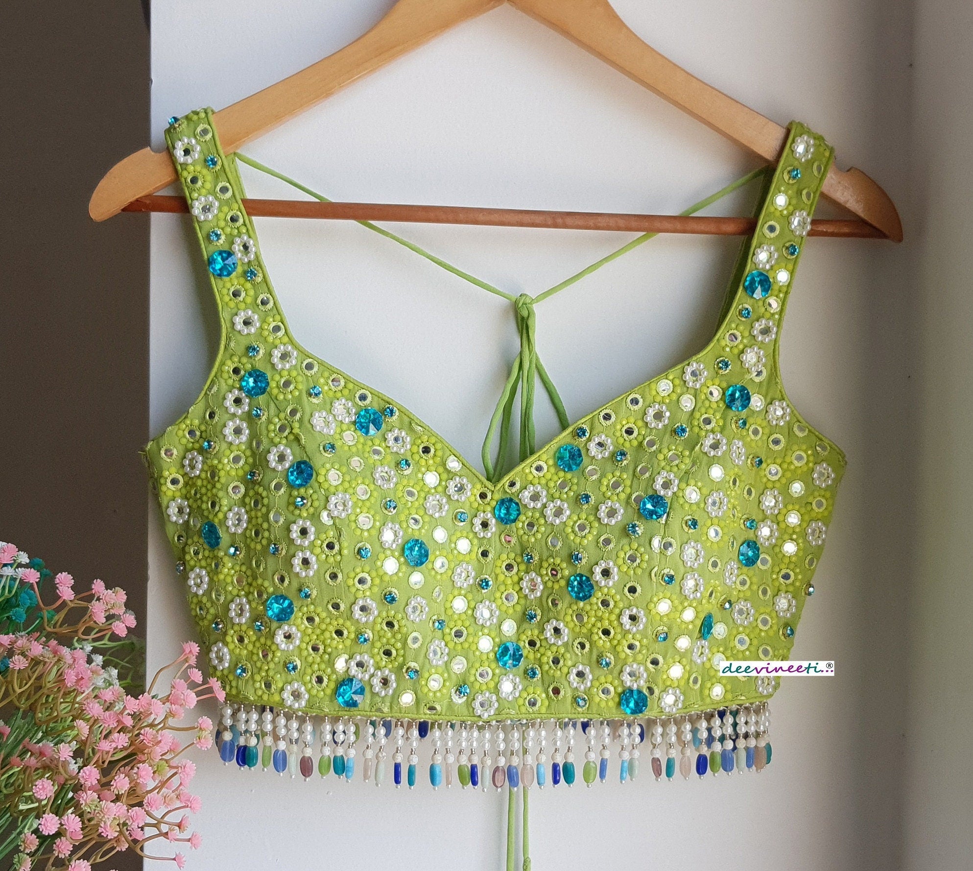 Hand Embroidered Lime Green Deep Sweetheart Neck Blouse DVBL_287
