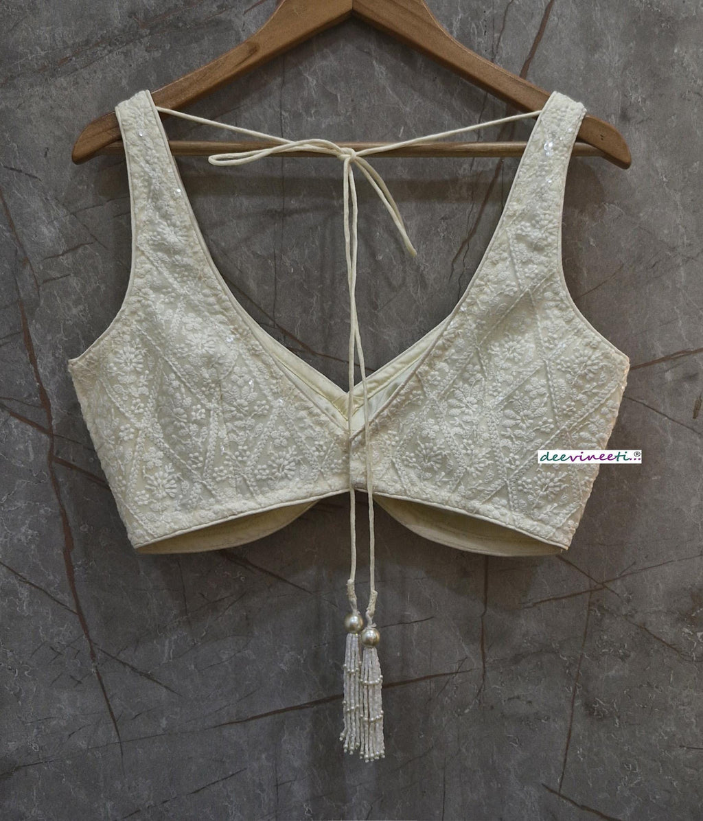 Egg White Embroidered V Neck Blouse DVBL_366