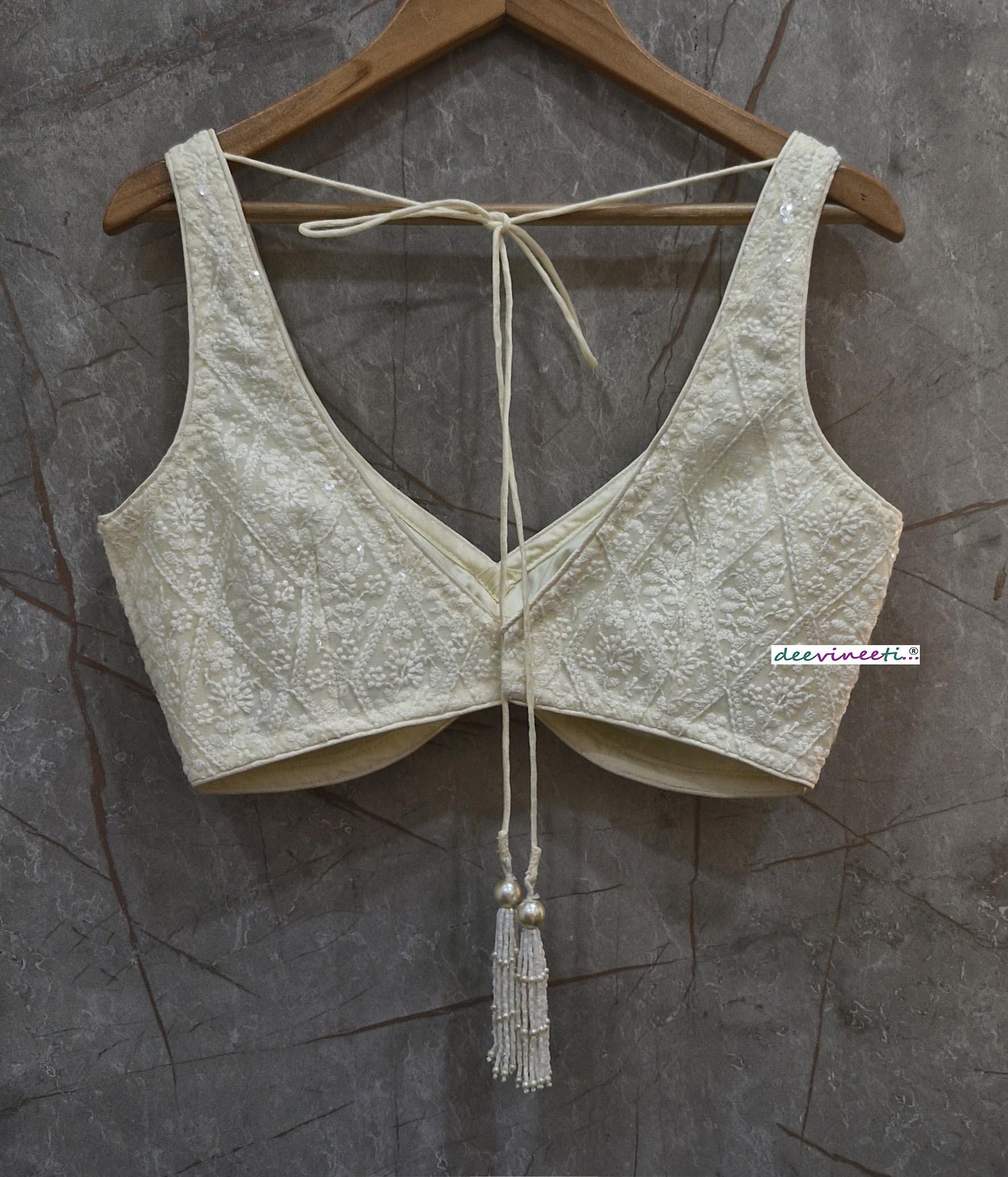 Egg White Embroidered V Neck Blouse DVBL_366