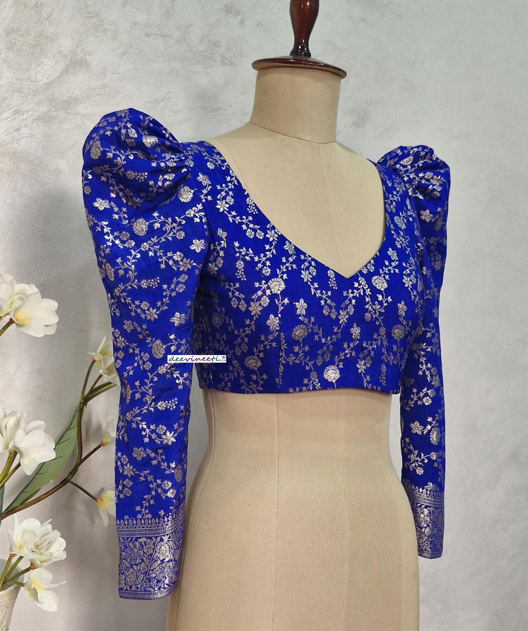 Royal Blue Banarasi Brocade Blouse Full Length Puff Sleeves V Neck DVBL_397