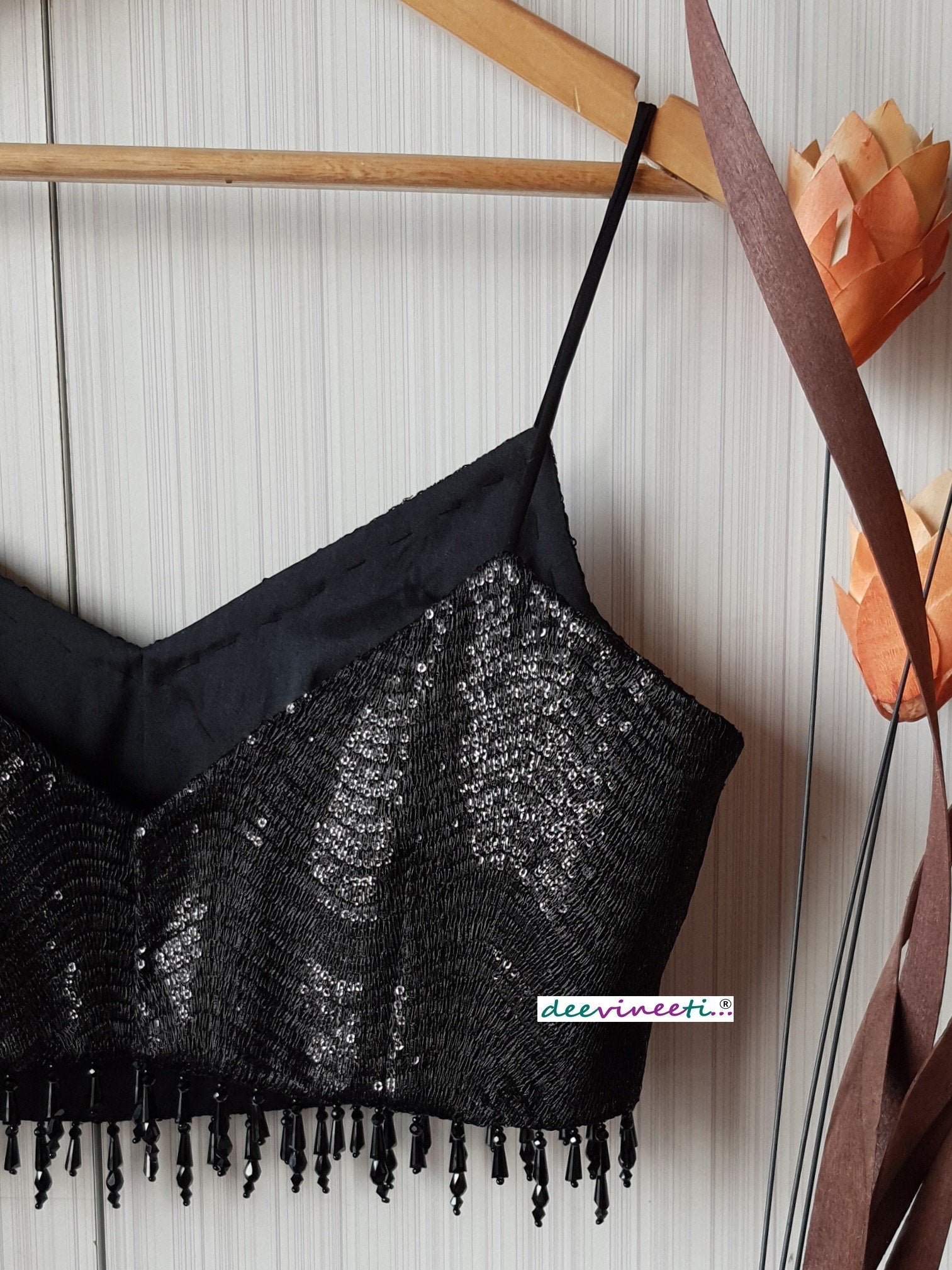 Black Sequins Embroidered Spaghetti Blouse DVBL_179