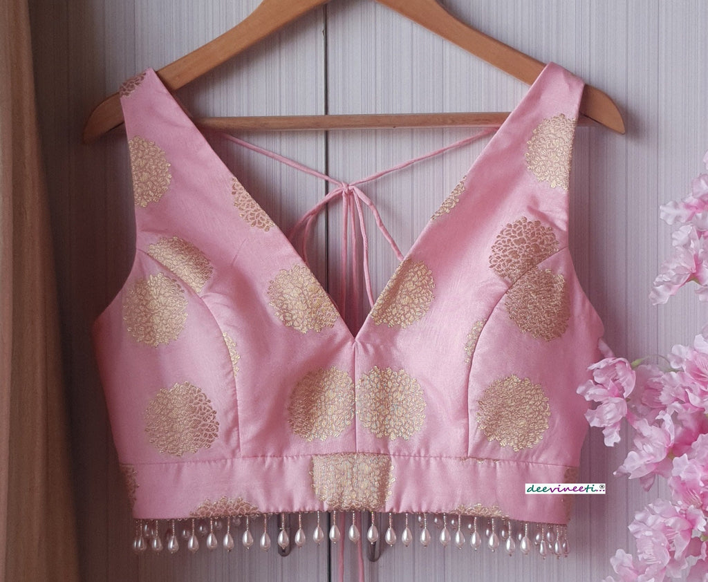 Pink Brocade Silk Blouse V Neck DVBL_192