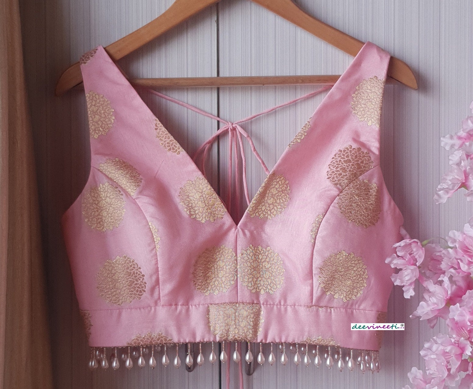 Pink Brocade Silk Blouse V Neck DVBL_192