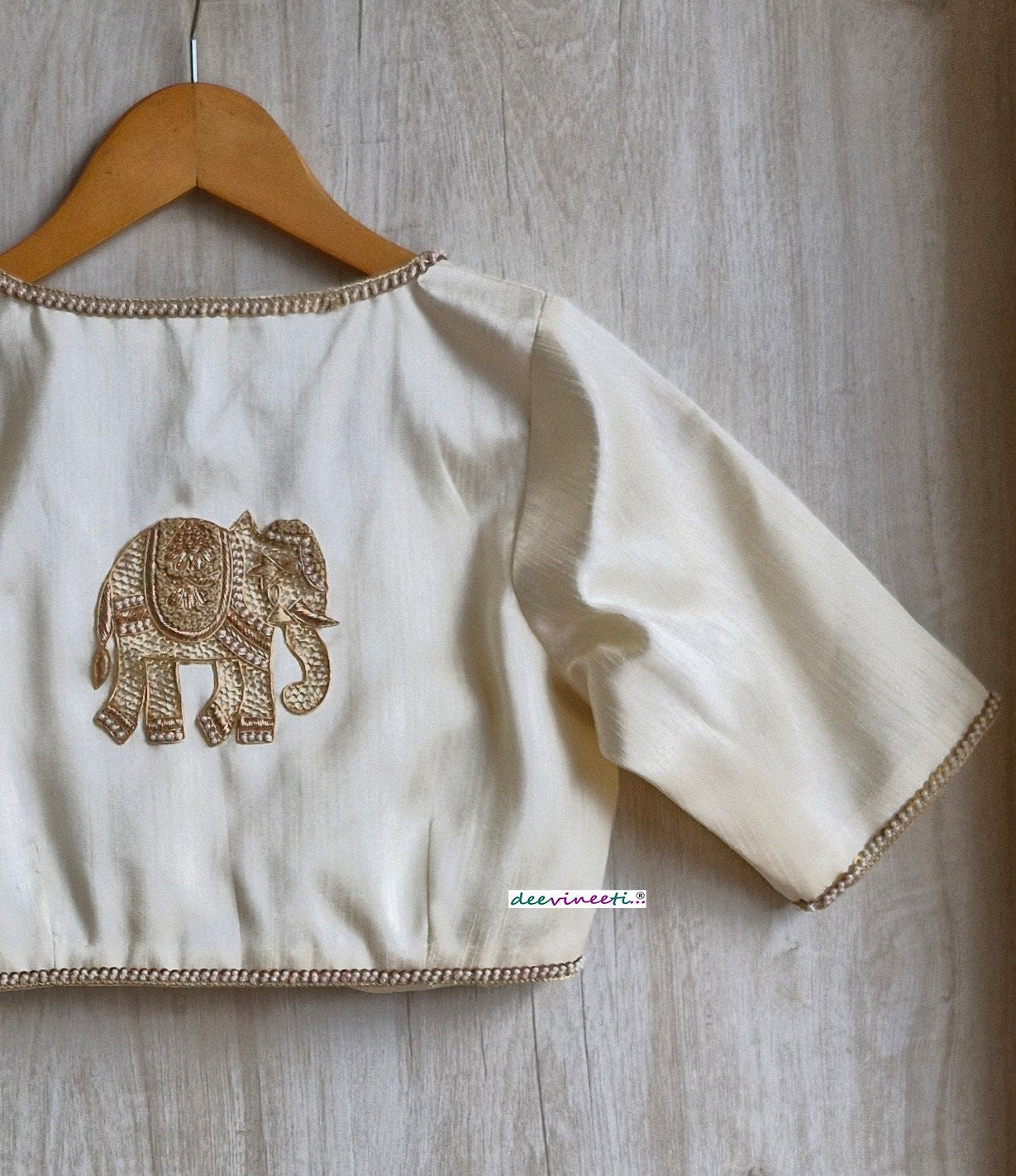 Cream Raw Silk Blouse with Applique Embroidery DVBL_322