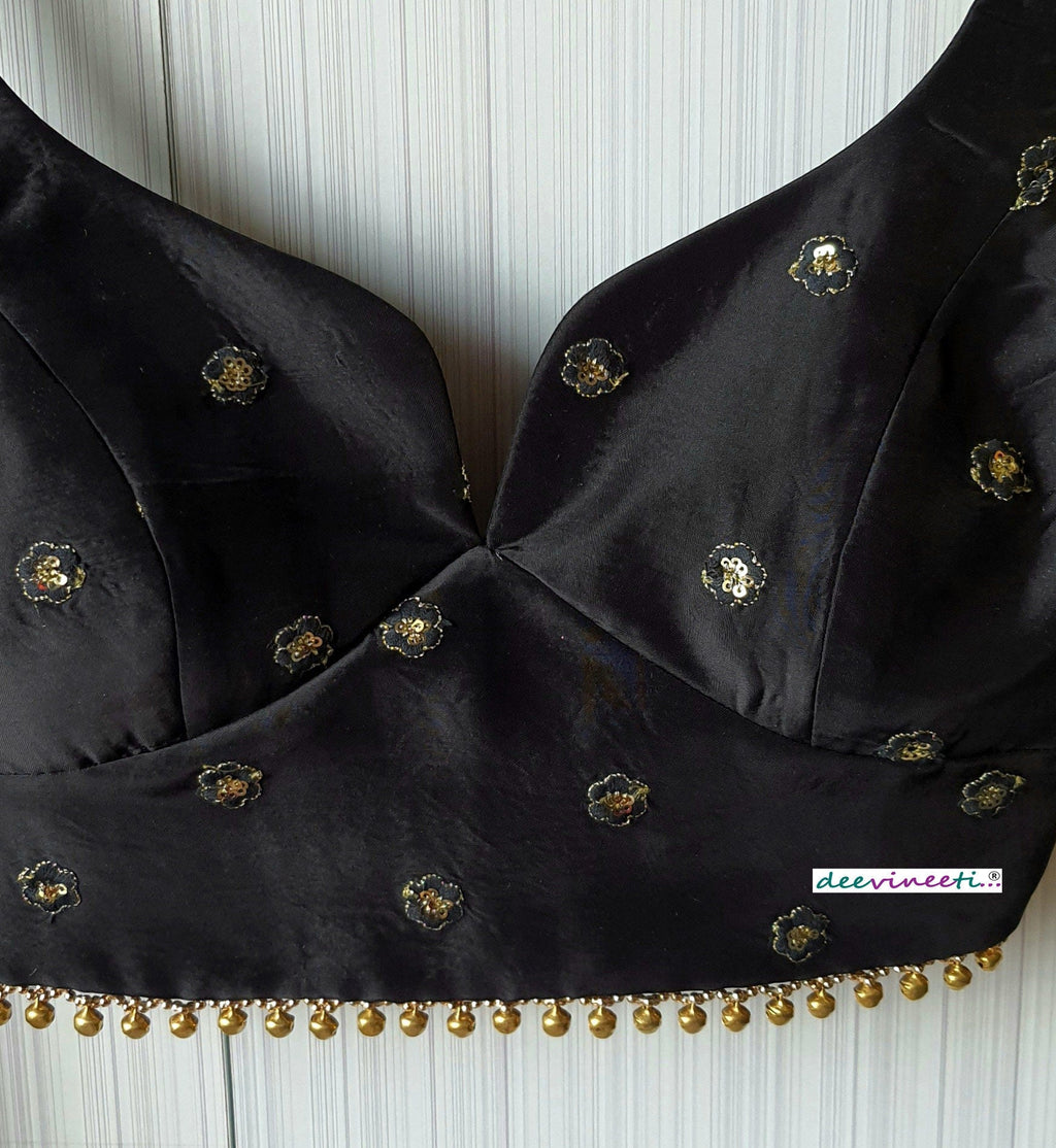 Black Silk Embroidered Sweetheart Neck Blouse DVBL_091