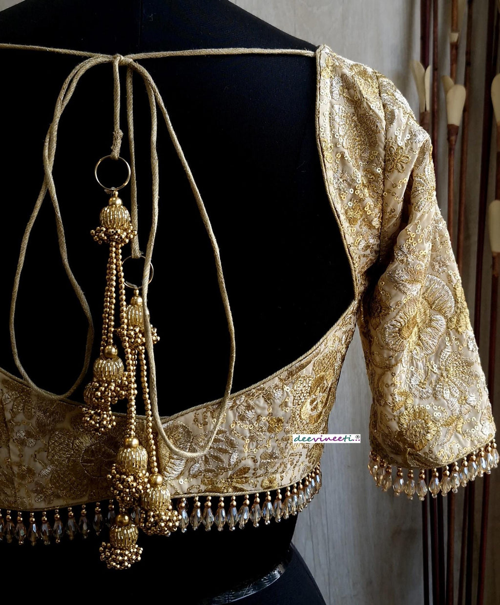 Beige Gold Embroidered Deep Sweetheart Neck Blouse DVBL_380