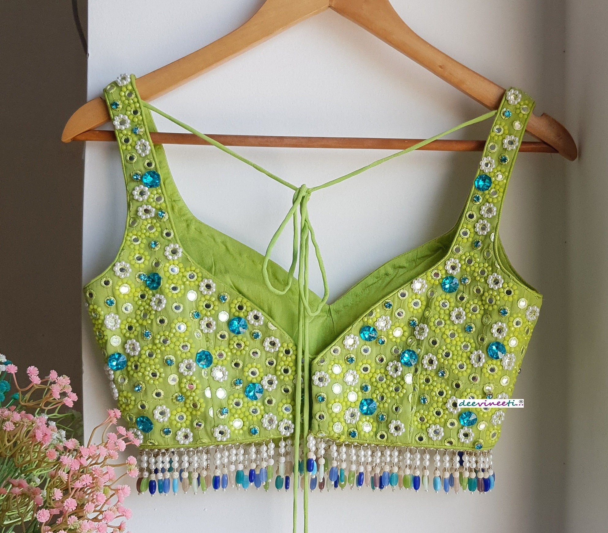 Hand Embroidered Lime Green Deep Sweetheart Neck Blouse DVBL_287