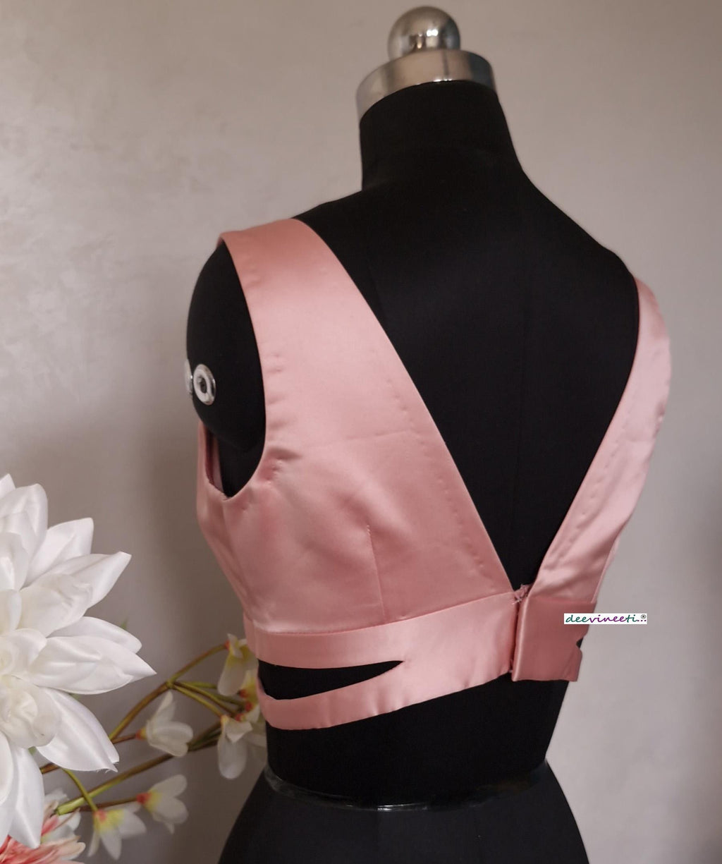 Blush Pink Satin Blouse V Neck Sleeveless DVBL_395
