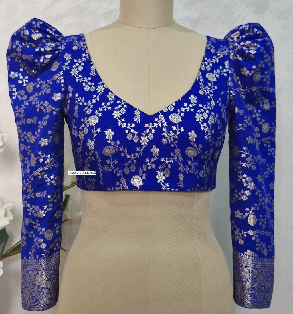 Royal Blue Banarasi Brocade Blouse Full Length Puff Sleeves V Neck DVBL_397