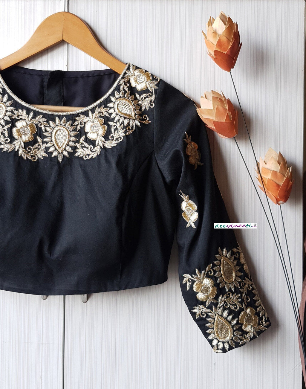 Black Silk Hand Embroidered 3/4th Sleeves Blouse DVBL_236