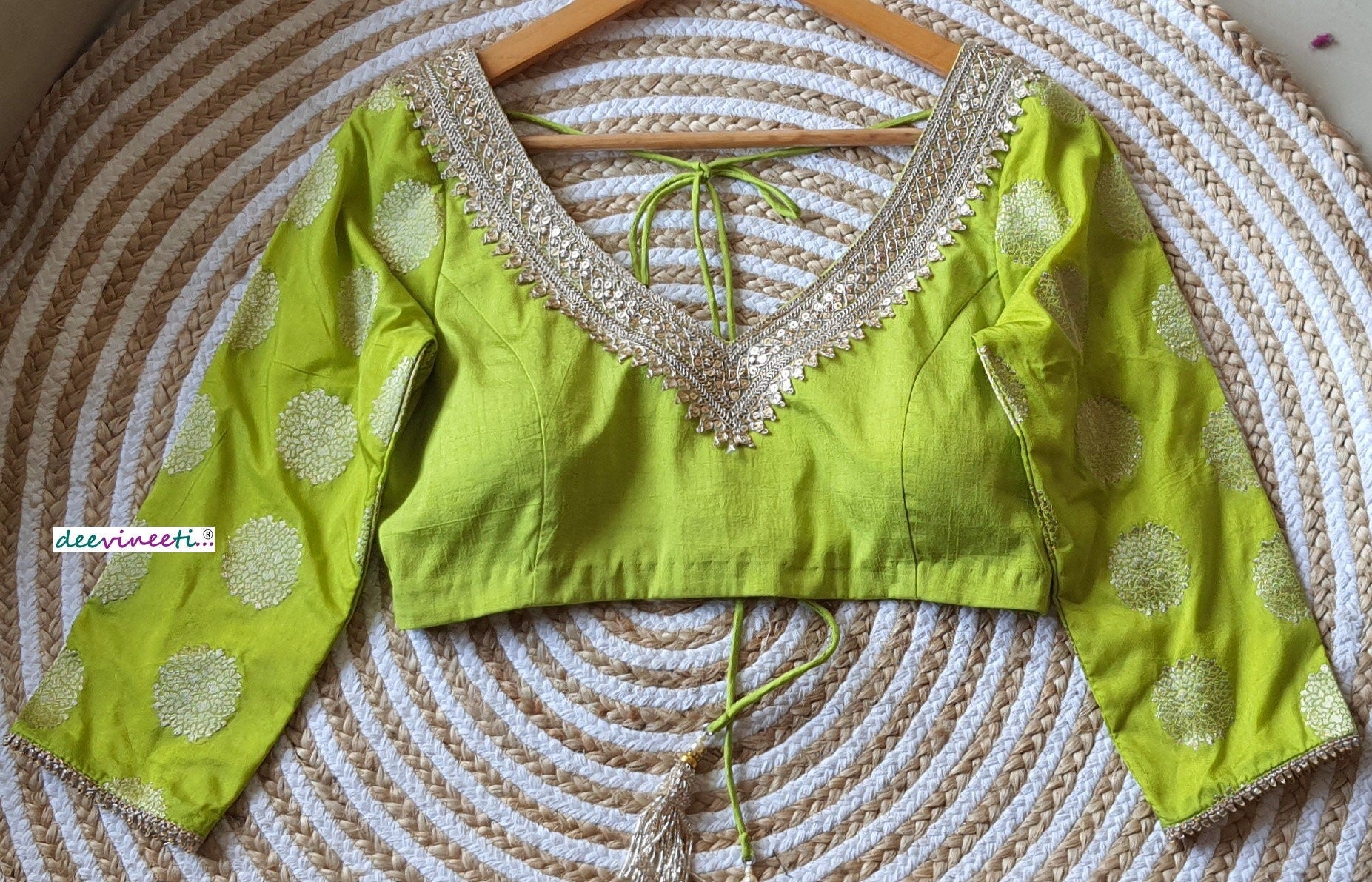 Lime Green Raw Silk Three Fourth Sleeves Blouse DVBL_134