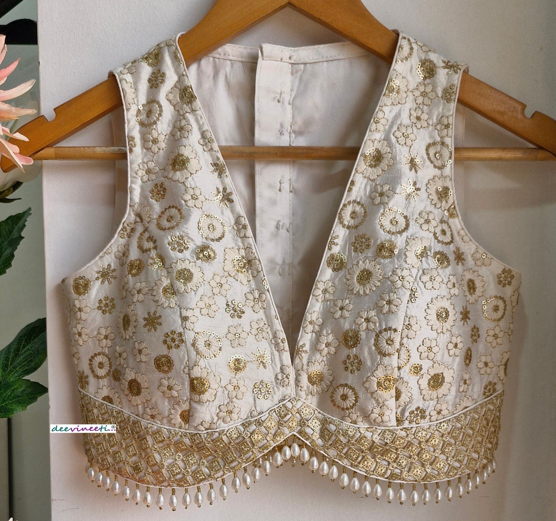 Off-White Embroidered Silk V Neck Blouse DVBL_313