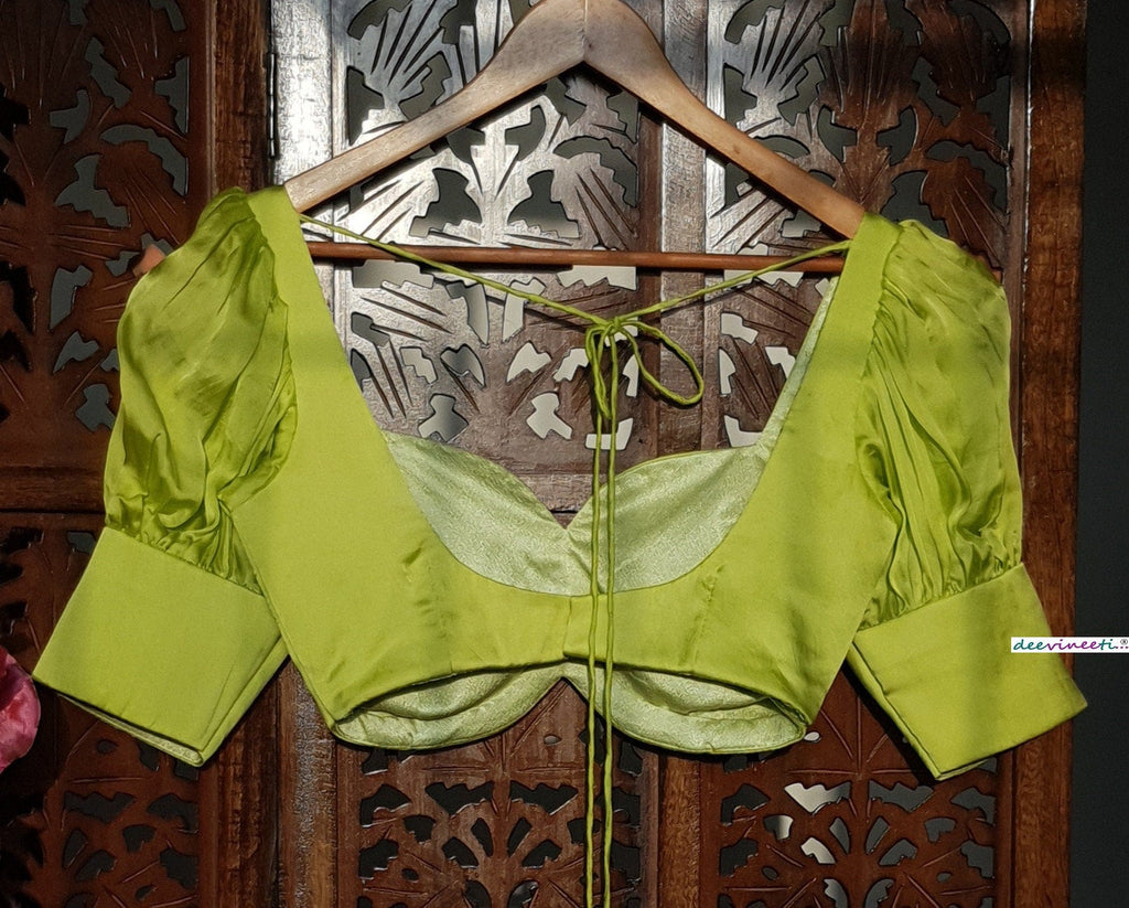 Lime Green Satin Organza Puff Sleeves Blouse DVBL_266
