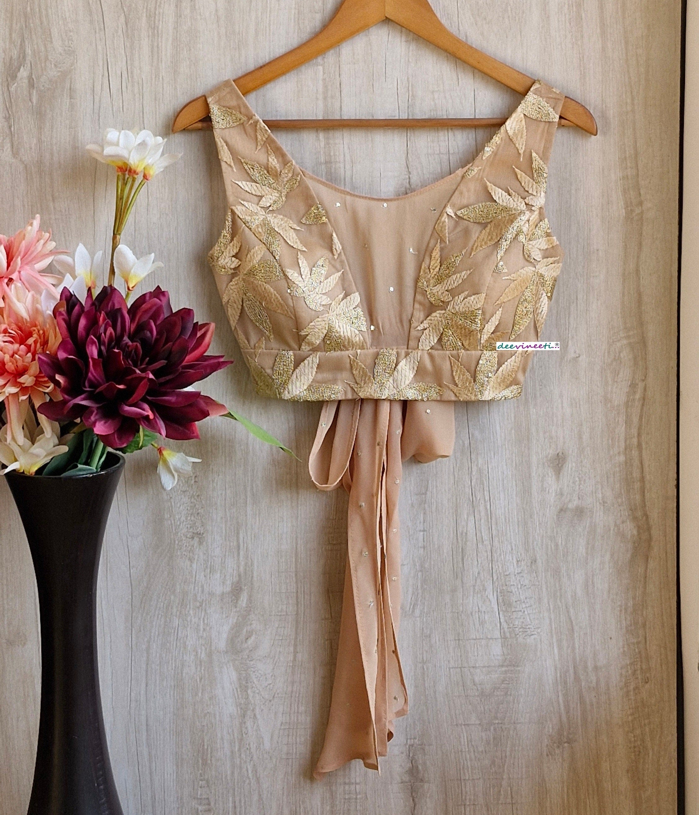 Embroidered Beige Boat Neck Tie Blouse DVBL_346