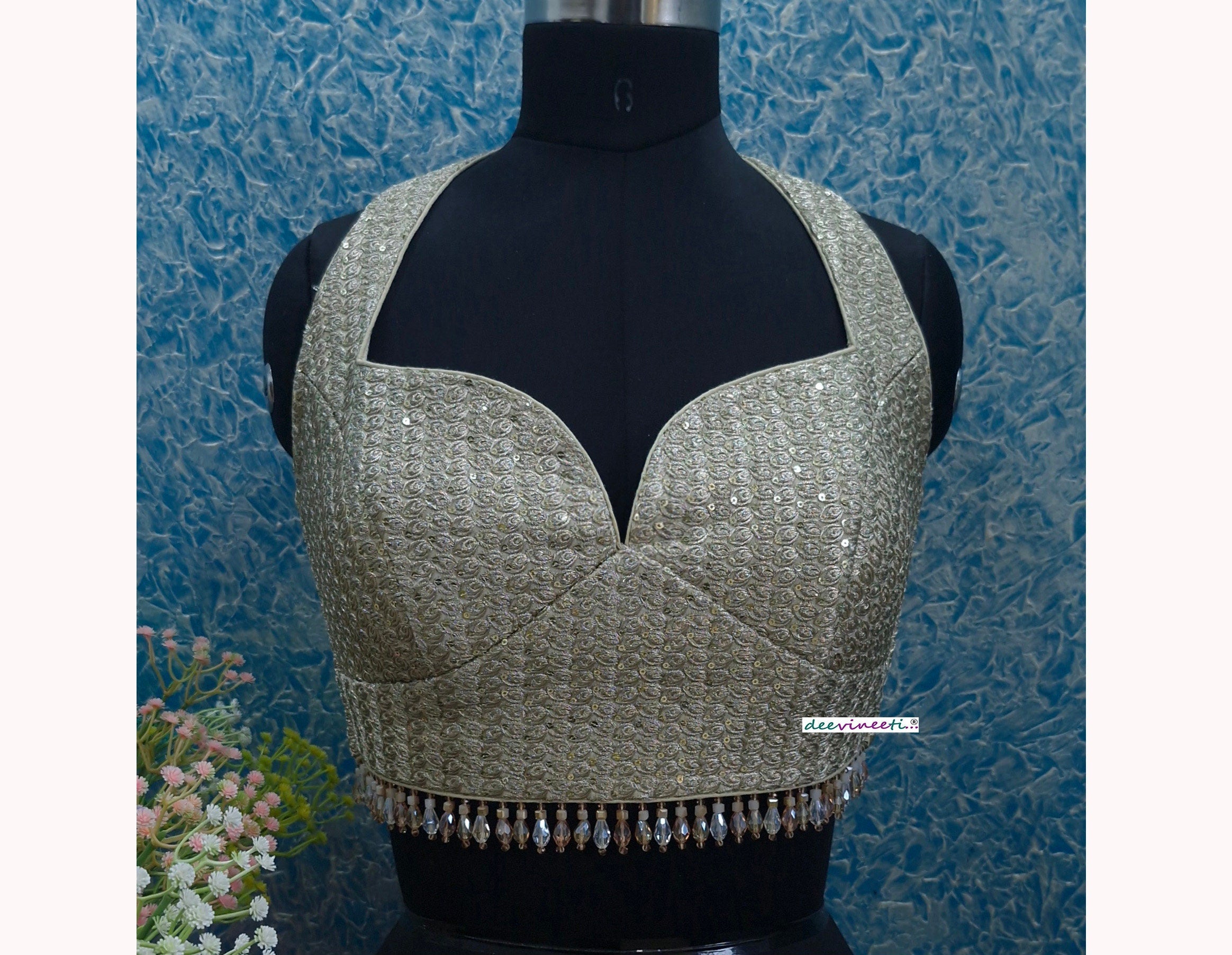 Light Gold Sequins Embroidered Halter Blouse DVBL_356