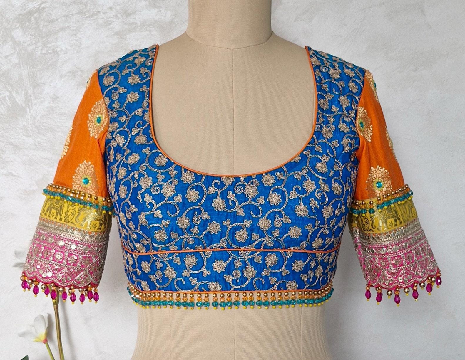 Blue and Orange Embroidered Silk Blouse DVBL_456