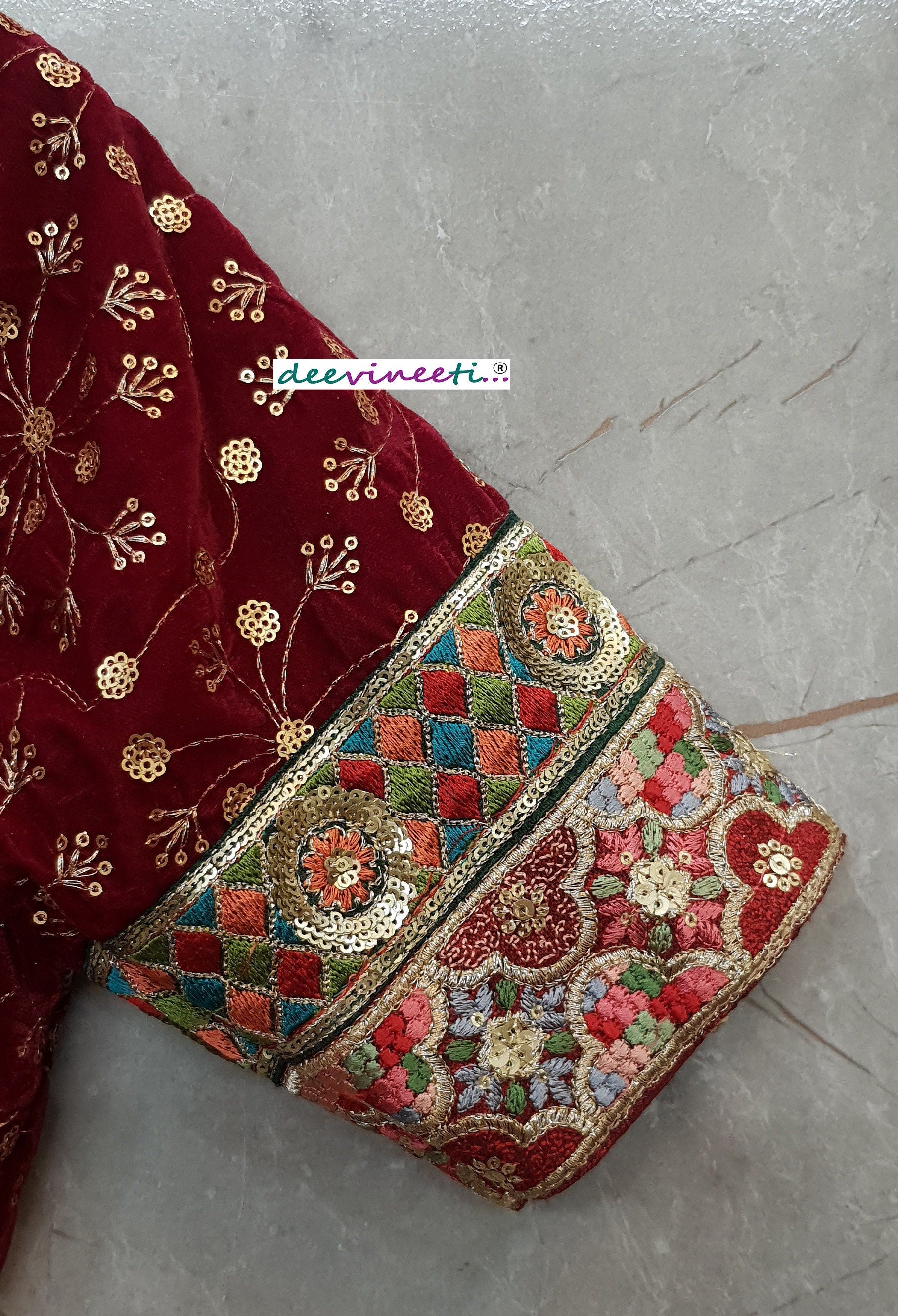Maroon Embroidered Velvet Deep V Neck Blouse DVBL_200