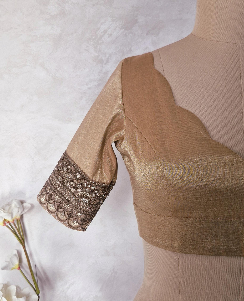 Copper Rose Gold Banarasi Tissue Scallop Neck Blouse DVBL_444