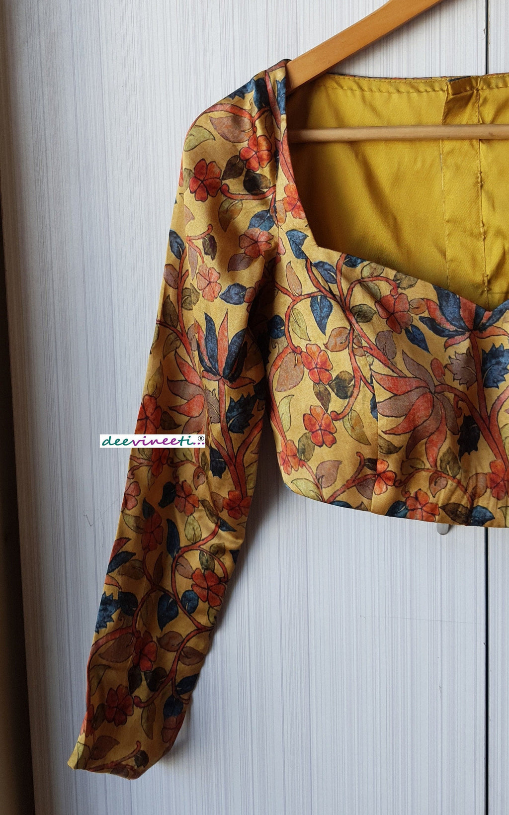 Medallion Yellow Printed Satin Silk Long Sleeves Blouse DVBL_226