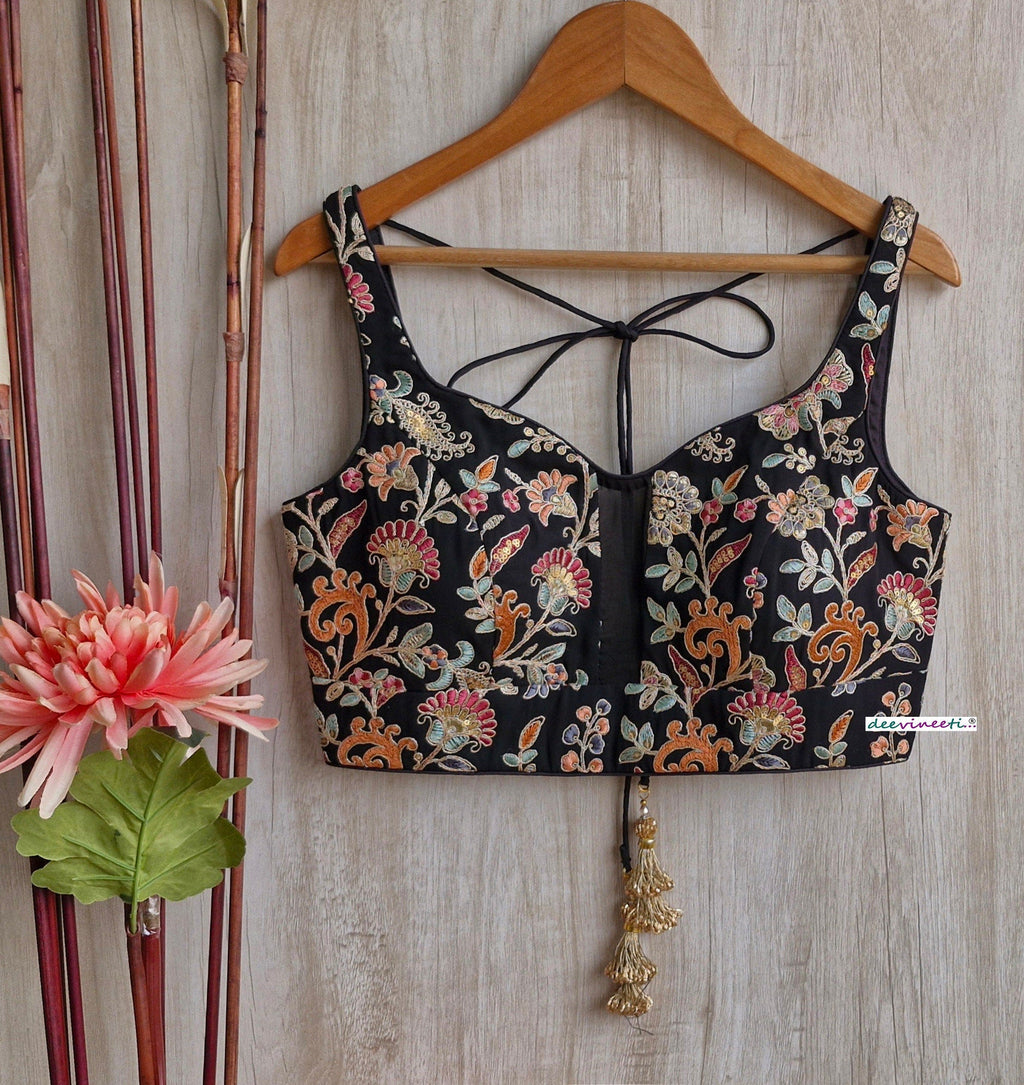 Black Embroidered Sweetheart Neck Blouse DVBL_314